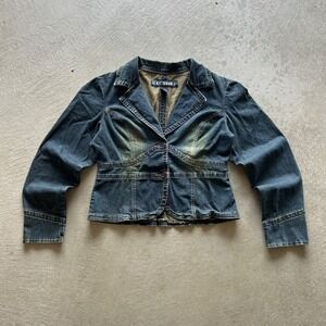 Vintage Y2K AC-3998 Denim Jacket Womens XL Blue Dark Wash Button Front Jean